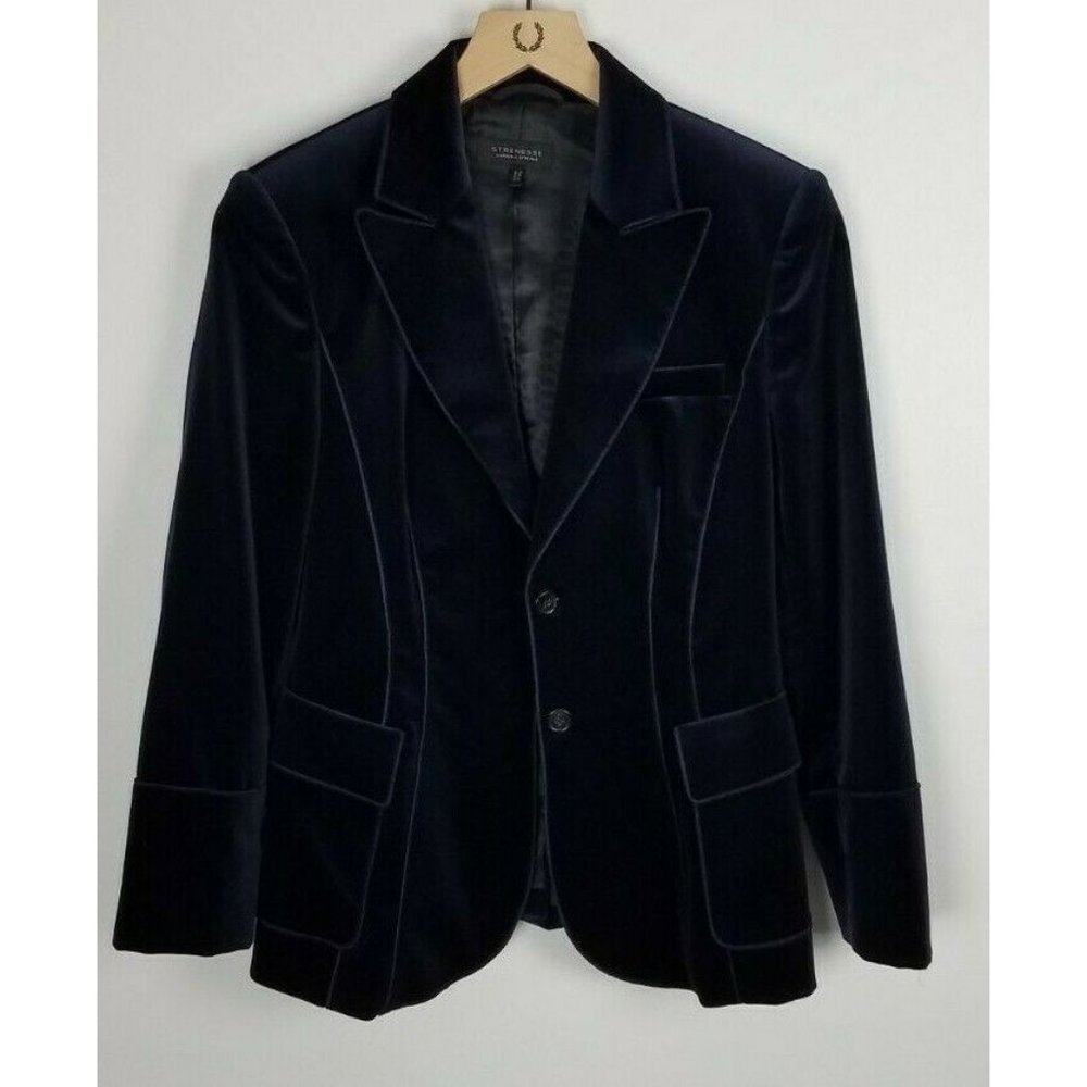 Strenesse Gabriele Strehle Sz. 4 Navy Velvet Notched Lapel Double Button Blazer